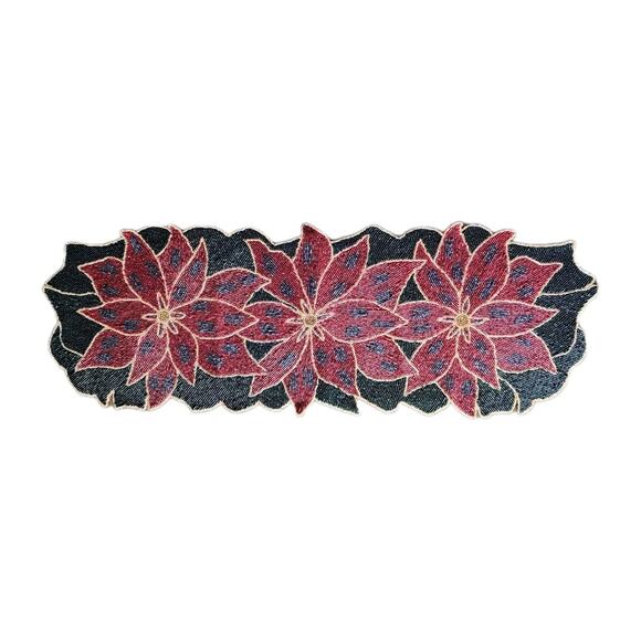 Vintage Beaded Table Runner Poinsettia Christmas Holiday Winter Decor 35x12 In - Picture 1 of 5